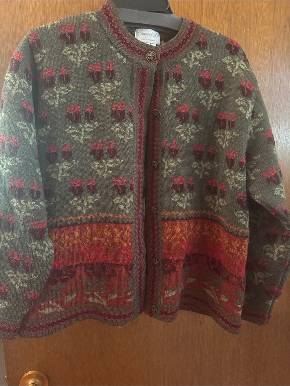 Cozy Floral Wool Cardigan in Olive & Red -